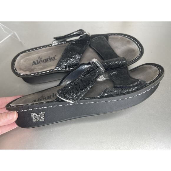 Alegria Sandals Womens 41 US 10-11 Slip On Slide Shoes Black Crackle Leather - Picture 3 of 6